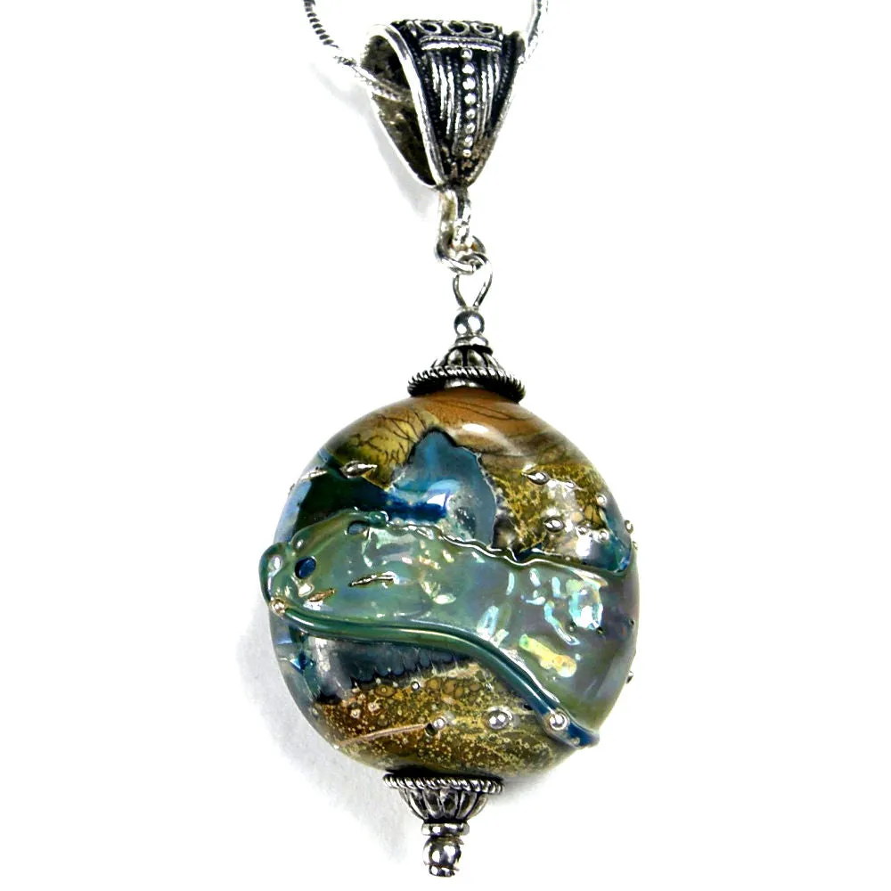 Grecian Love Metallic Green Lampwork Pendant, Sterling Silver, Handmade Jewelry