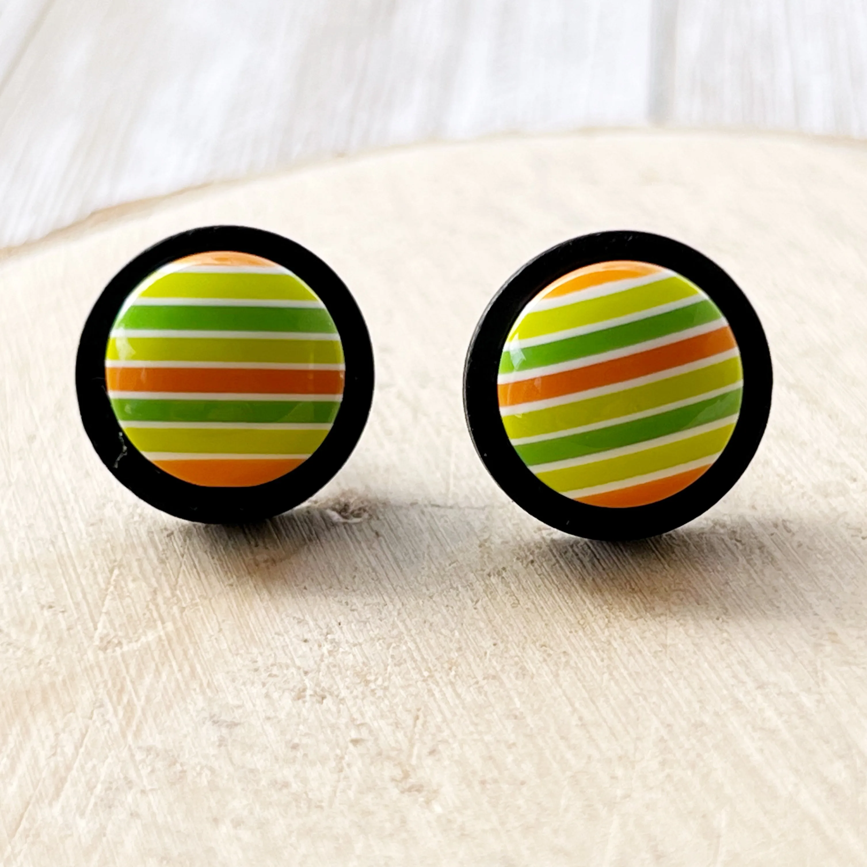 Green & Orange Striped Black Wood Stud Earrings - Unique and Colorful Accessories