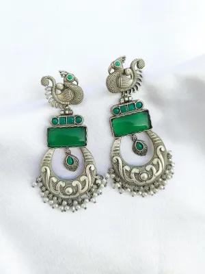 Green Stone Silver Lookalike Peacock Earrings For Women