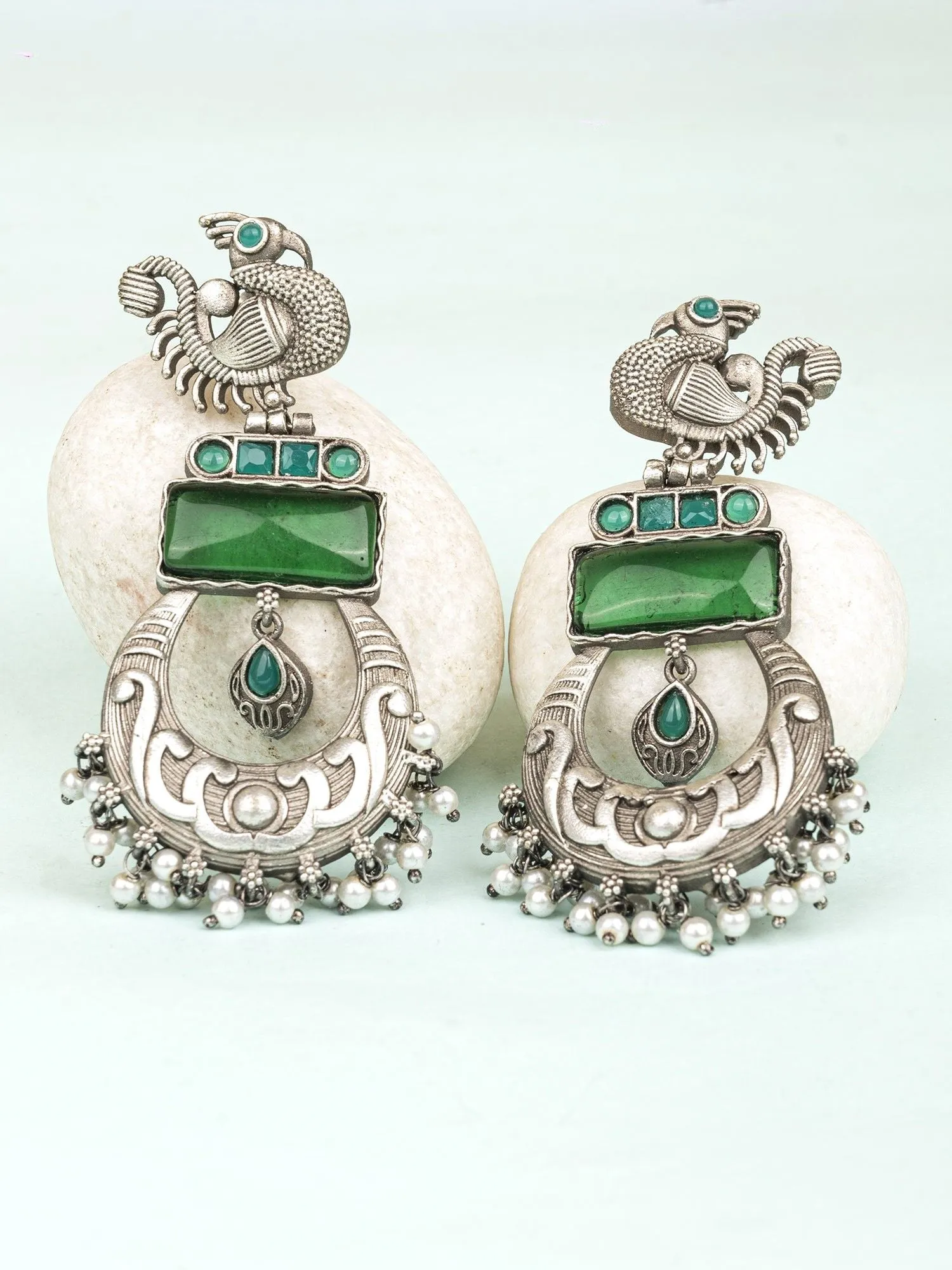 Green Stone Silver Lookalike Peacock Earrings For Women