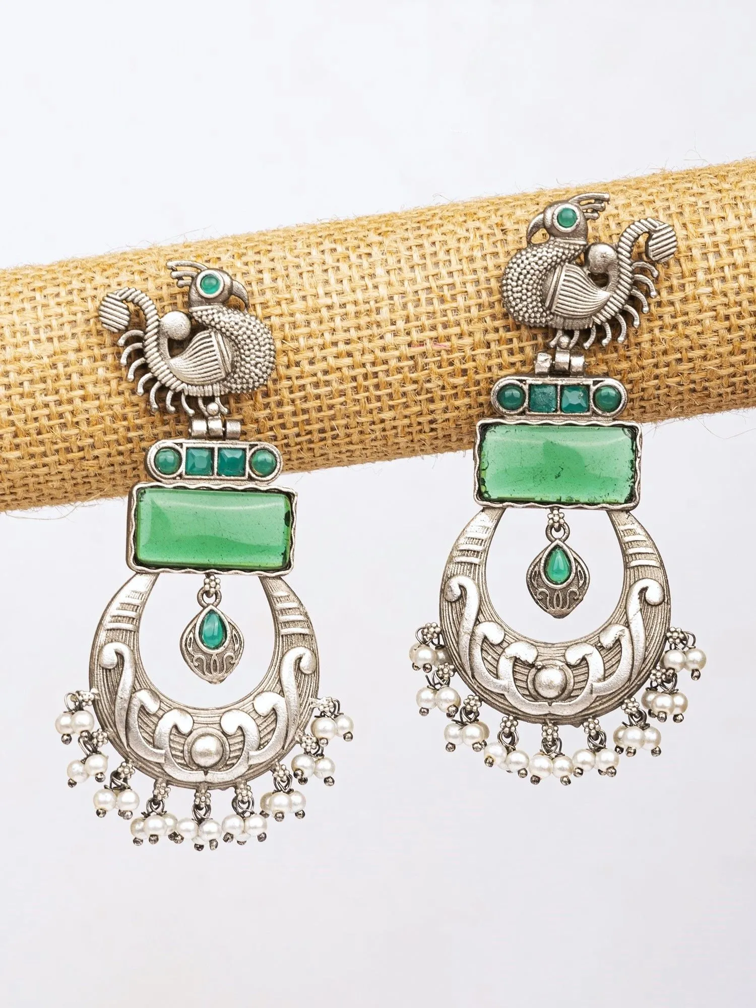 Green Stone Silver Lookalike Peacock Earrings For Women