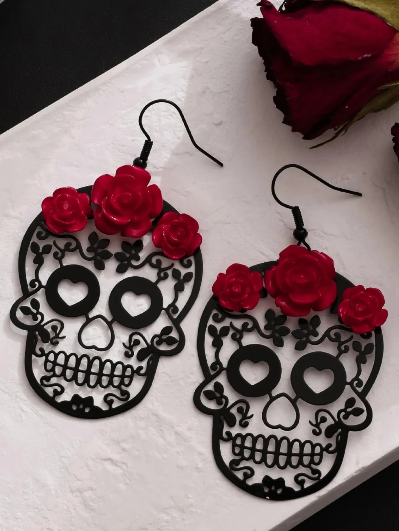 Halloween Dark Gothic Rose Skull Earrings