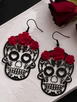 Halloween Dark Gothic Rose Skull Earrings