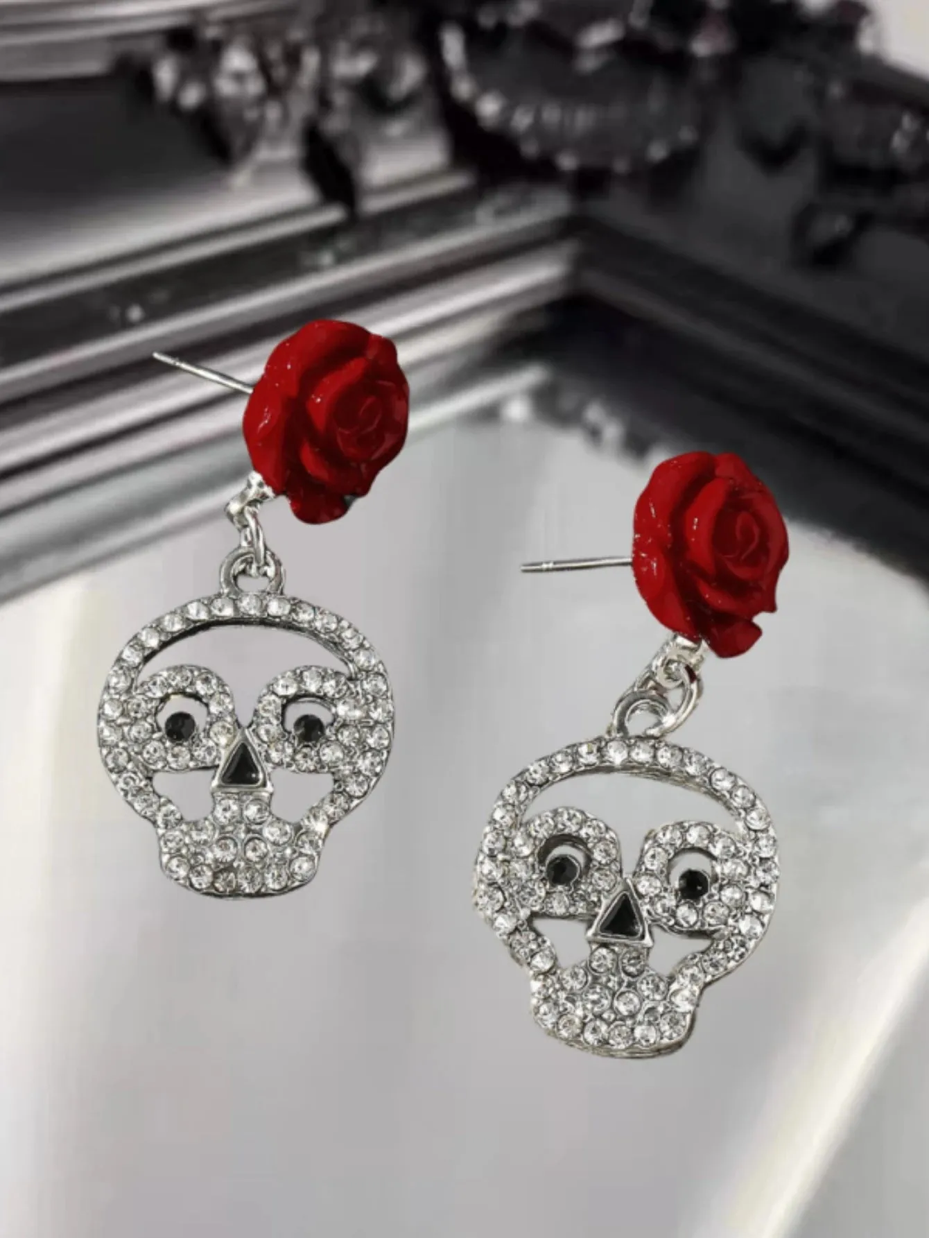 Halloween Dark Gothic Rose Skull Earrings
