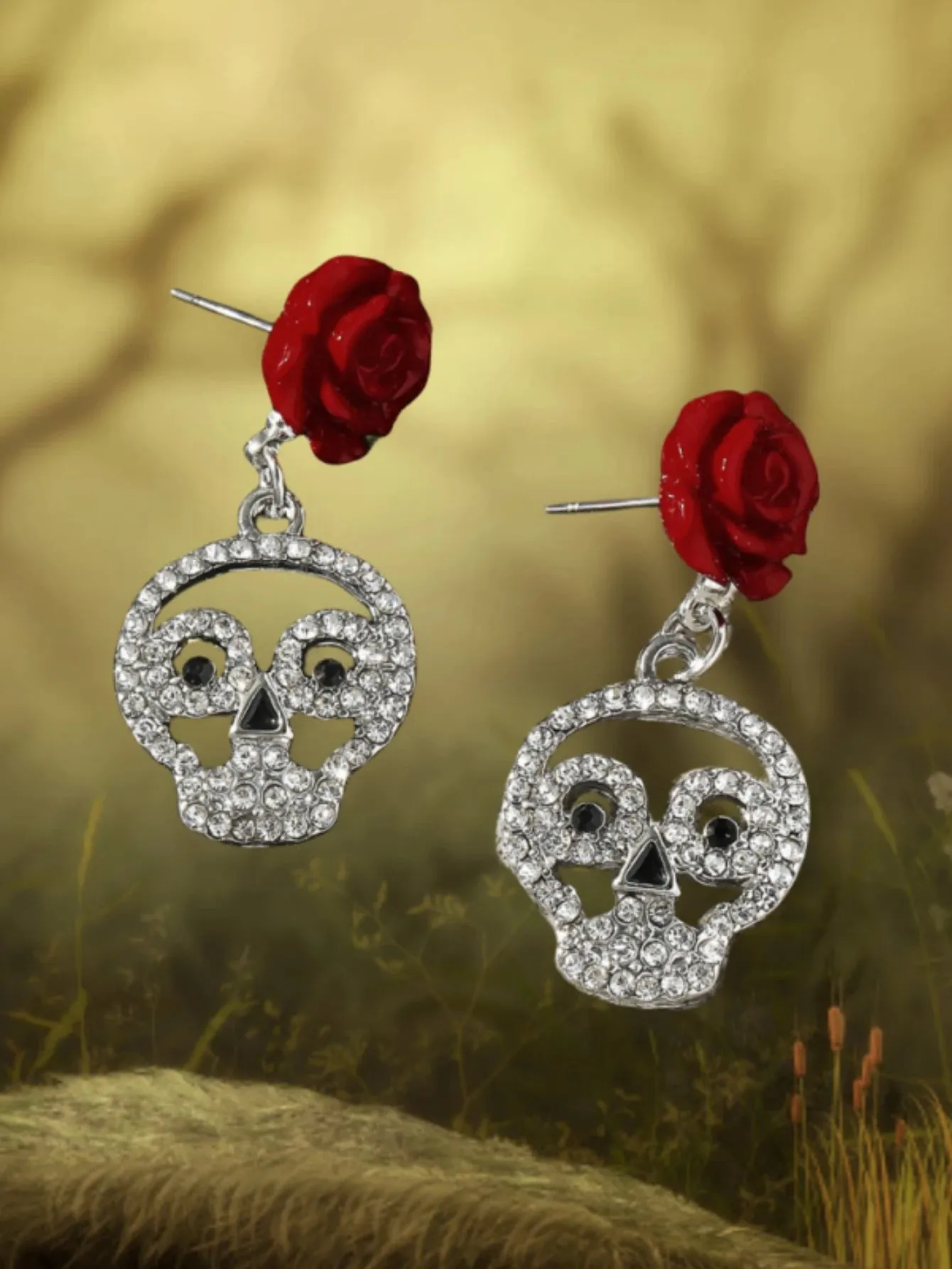 Halloween Dark Gothic Rose Skull Earrings