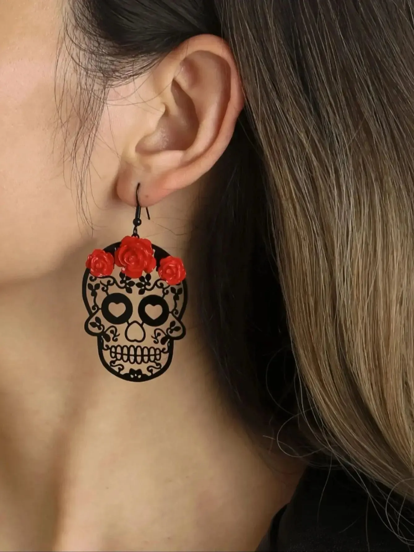 Halloween Dark Gothic Rose Skull Earrings