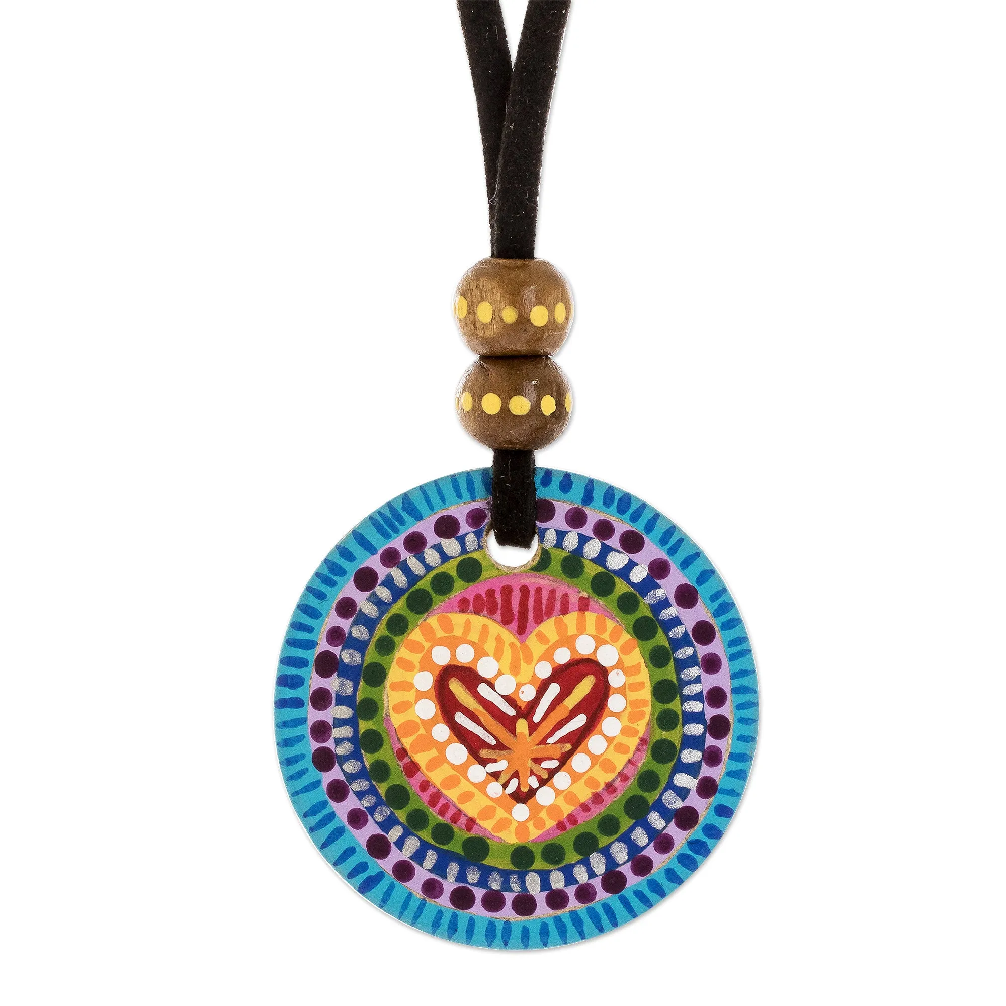 Hand Painted Rainbow and Heart Pendant Corded Necklace - Rainbow of Love | NOVICA