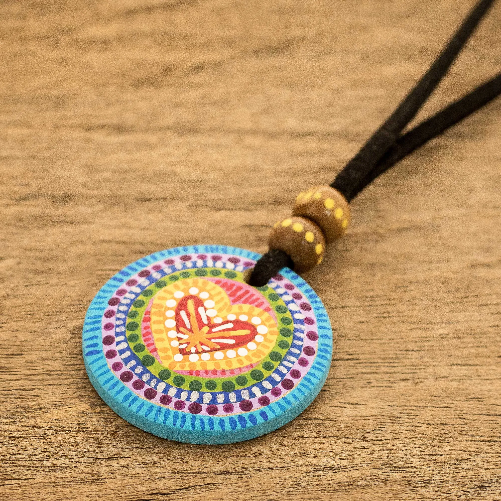 Hand Painted Rainbow and Heart Pendant Corded Necklace - Rainbow of Love | NOVICA