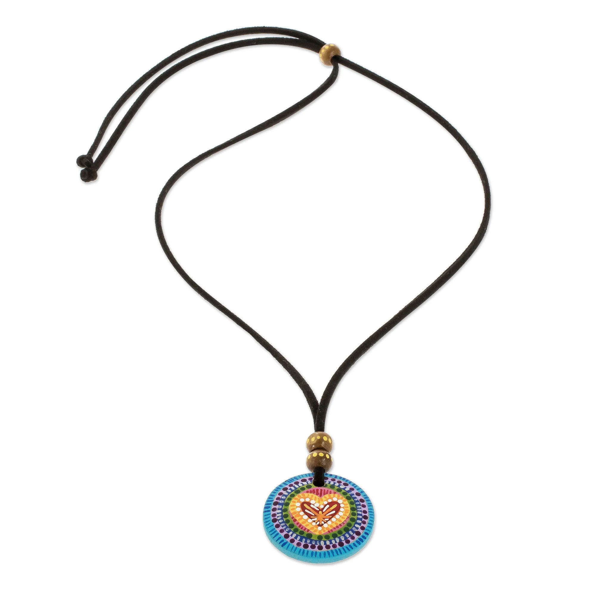 Hand Painted Rainbow and Heart Pendant Corded Necklace - Rainbow of Love | NOVICA