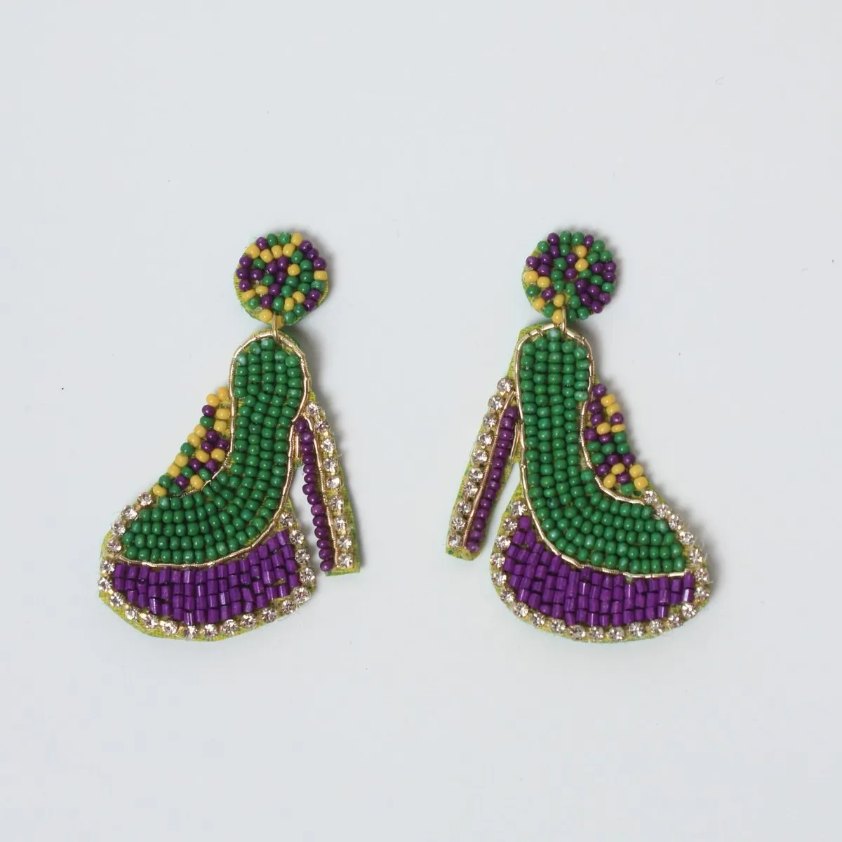 High Heel Beaded Mardi Gras Earrings with Rhinestones