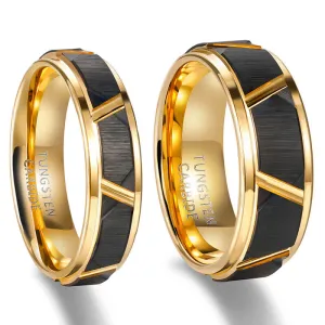 His & Her 6mm/8mm Polished Brushed Black Gold Tungsten Wedding Rings with Bevel Edges
