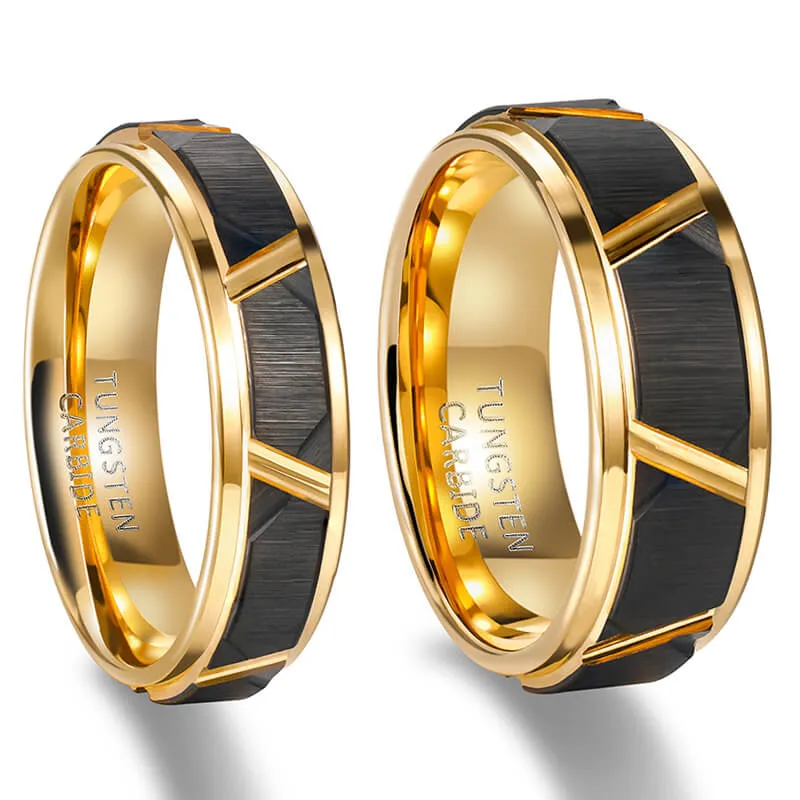 His & Her 6mm/8mm Polished Brushed Black Gold Tungsten Wedding Rings with Bevel Edges