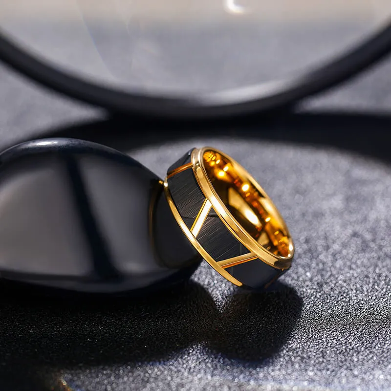 His & Her 6mm/8mm Polished Brushed Black Gold Tungsten Wedding Rings with Bevel Edges