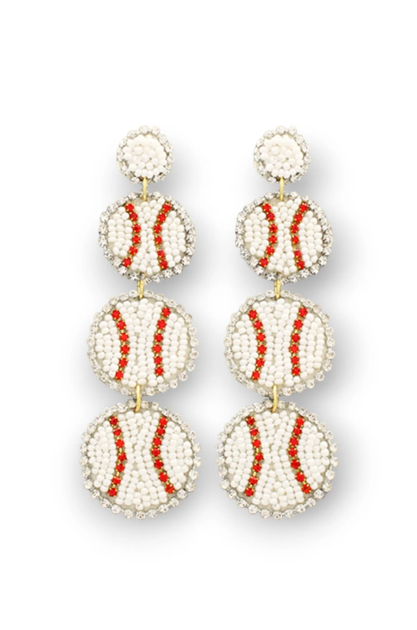 Home Run White Three Tier Baseball Beaded Earrings