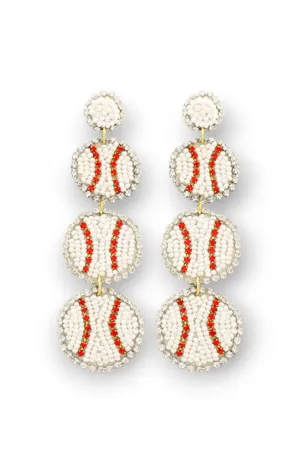 Home Run White Three Tier Baseball Beaded Earrings