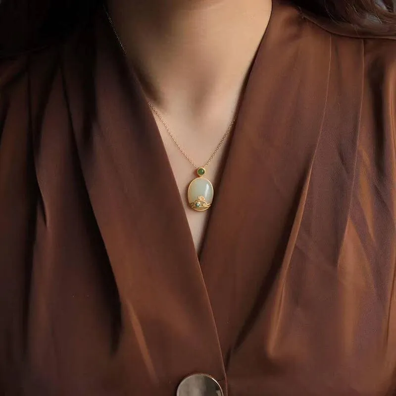 Inspired by natural Hetian white jade oval pendant necklace