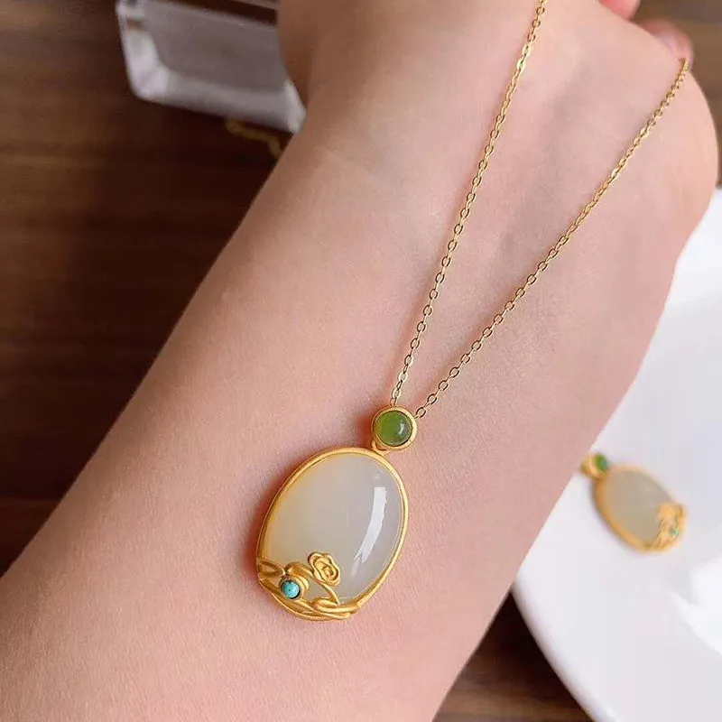 Inspired by natural Hetian white jade oval pendant necklace