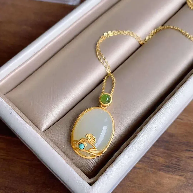 Inspired by natural Hetian white jade oval pendant necklace