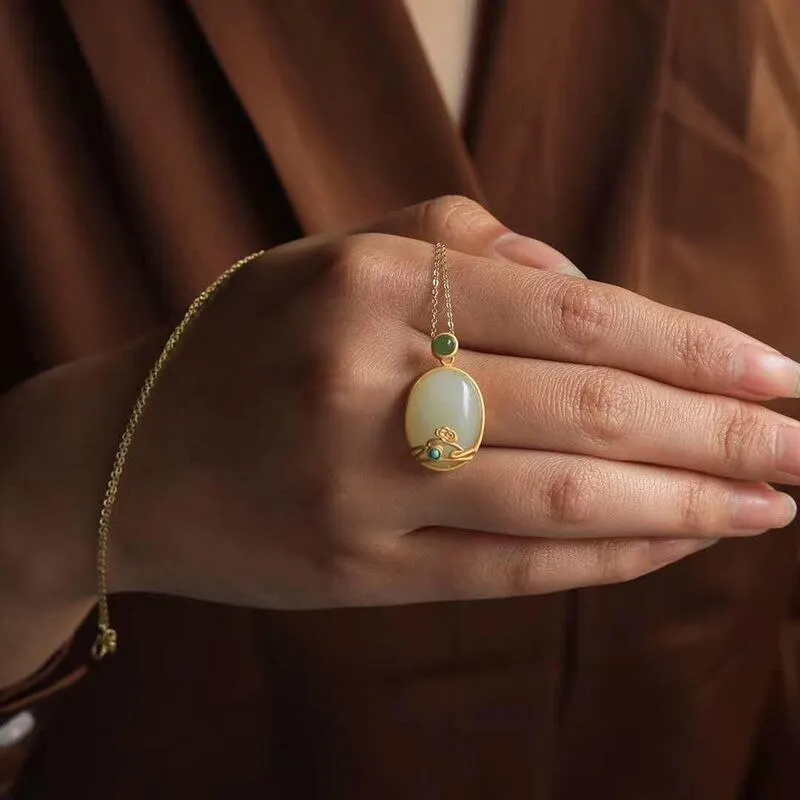 Inspired by natural Hetian white jade oval pendant necklace