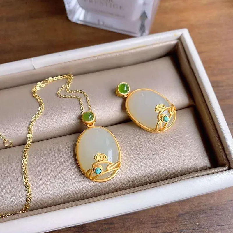 Inspired by natural Hetian white jade oval pendant necklace