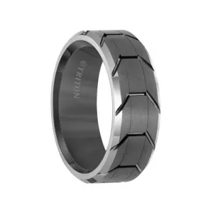 JAGGER Grey Tungsten Wedding Ring with Grooved Tire Tread Pattern & Polished Beveled Edges by Triton Rings - 8mm