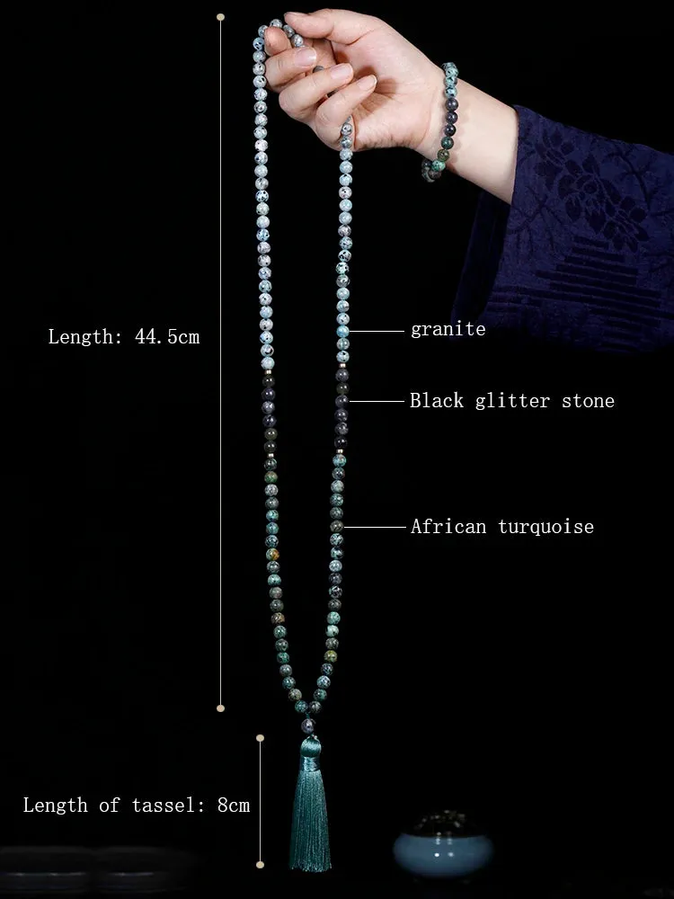Japamala 108 beads natural stones African turquoise Prayer Necklace tassel