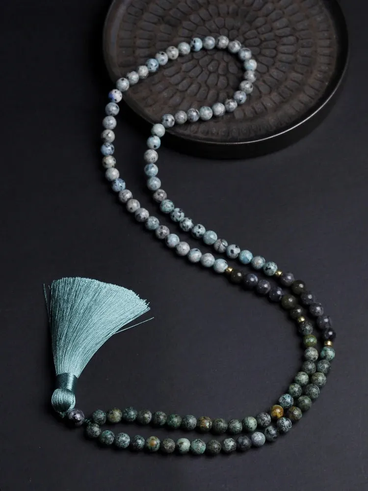 Japamala 108 beads natural stones African turquoise Prayer Necklace tassel