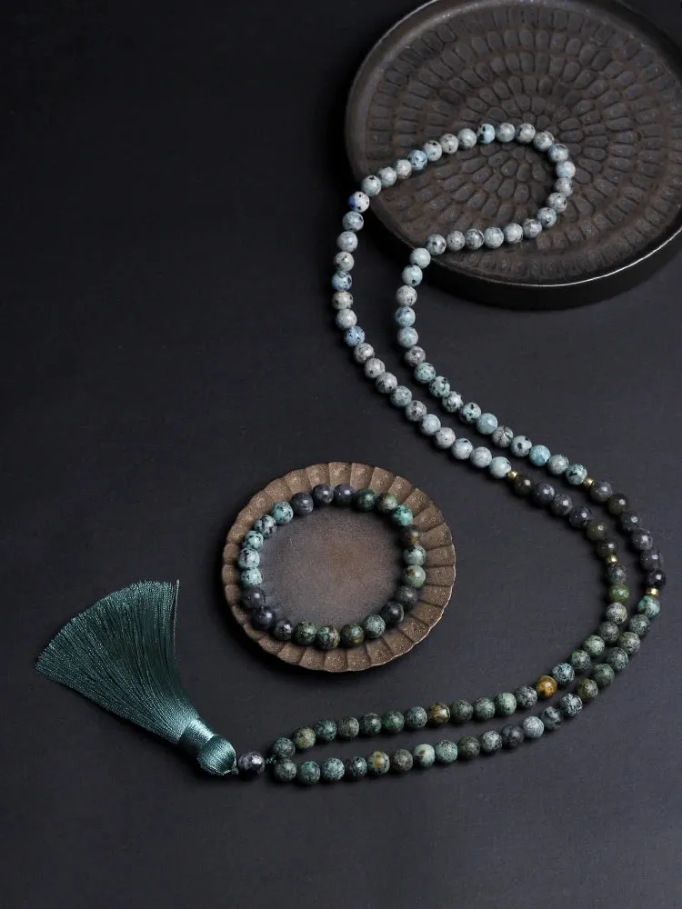 Japamala 108 beads natural stones African turquoise Prayer Necklace tassel