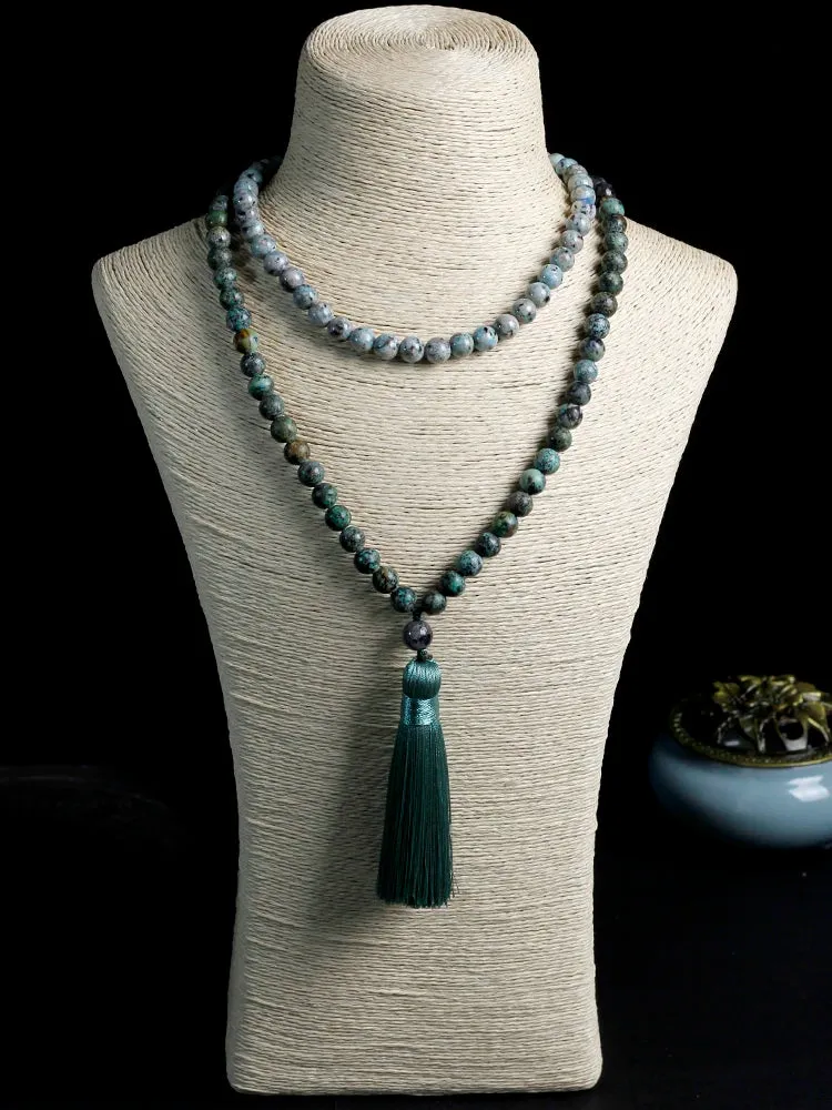 Japamala 108 beads natural stones African turquoise Prayer Necklace tassel