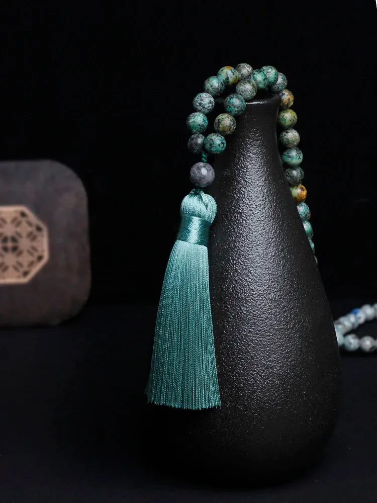 Japamala 108 beads natural stones African turquoise Prayer Necklace tassel