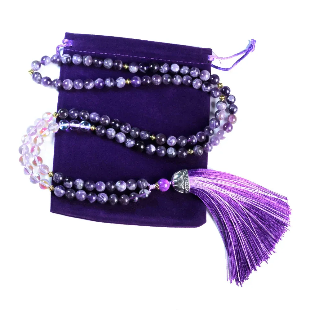 Japamala 108 beads natural stones amethyst，chokers necklaces for women