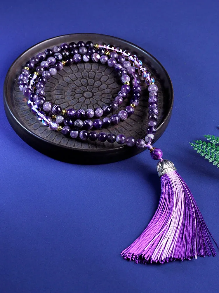 Japamala 108 beads natural stones amethyst，chokers necklaces for women