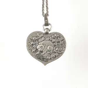 Japanese Cat and Dragon Heart shaped Pendant & Chain, Nikko Mt. Pkg 1. nlor848