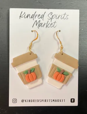 Kindred Spirits Market Earrings Style 1 coffee cup with pumpkin tan lid
