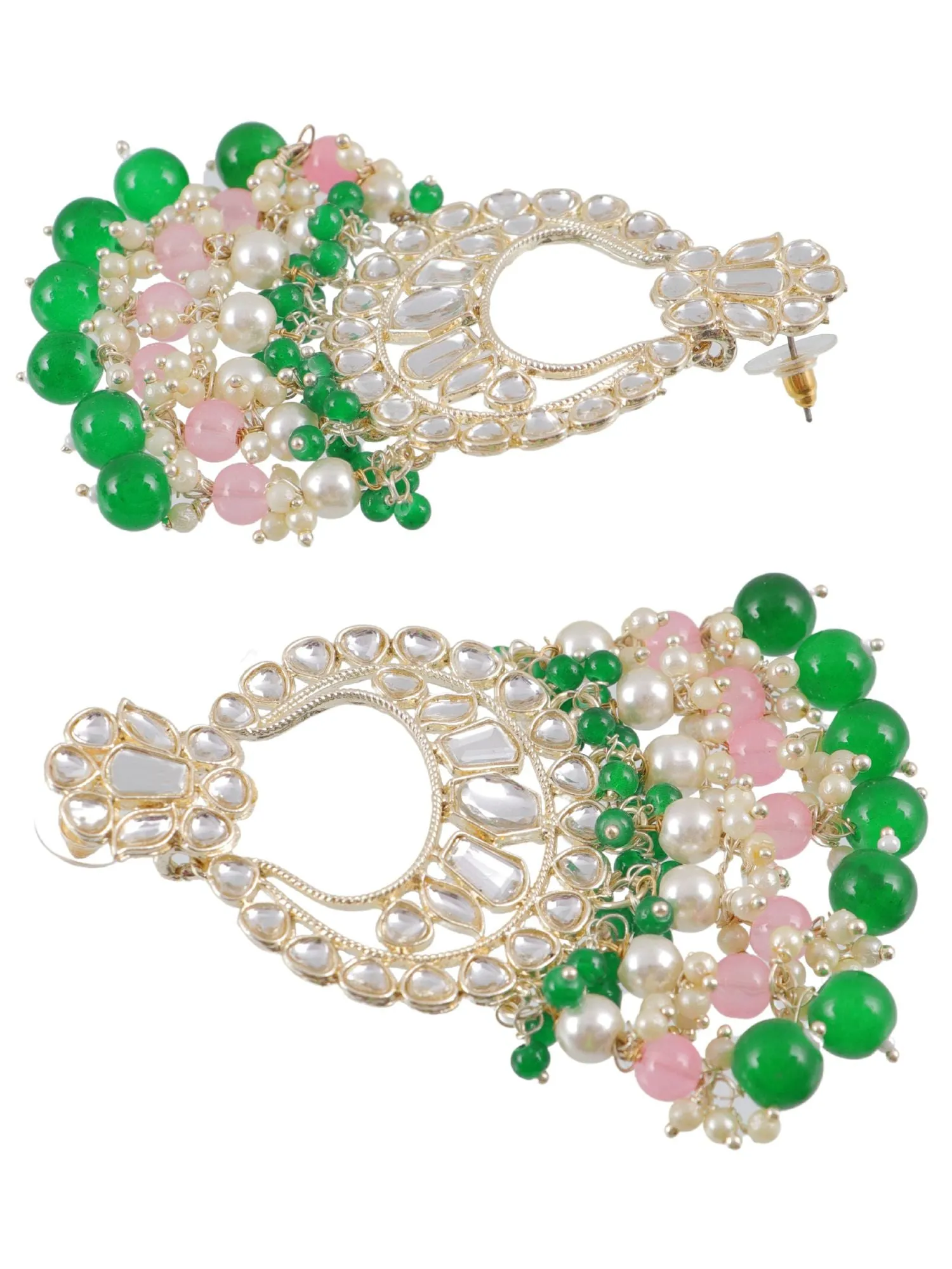 Kundan Green Pink Pearls Danglers Earrings for Women