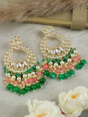 Kundan Green Pink Pearls Danglers Earrings for Women