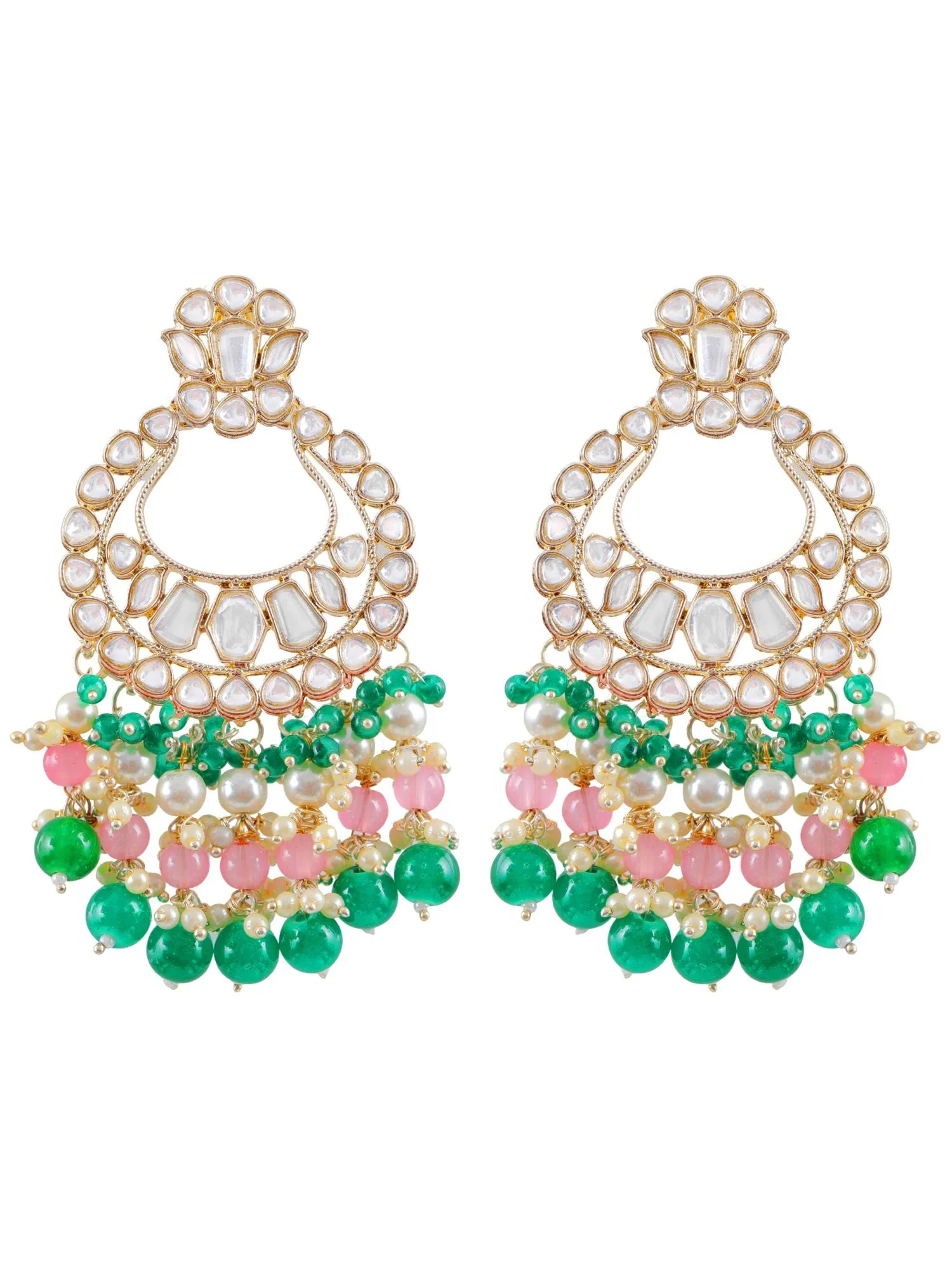 Kundan Green Pink Pearls Danglers Earrings for Women