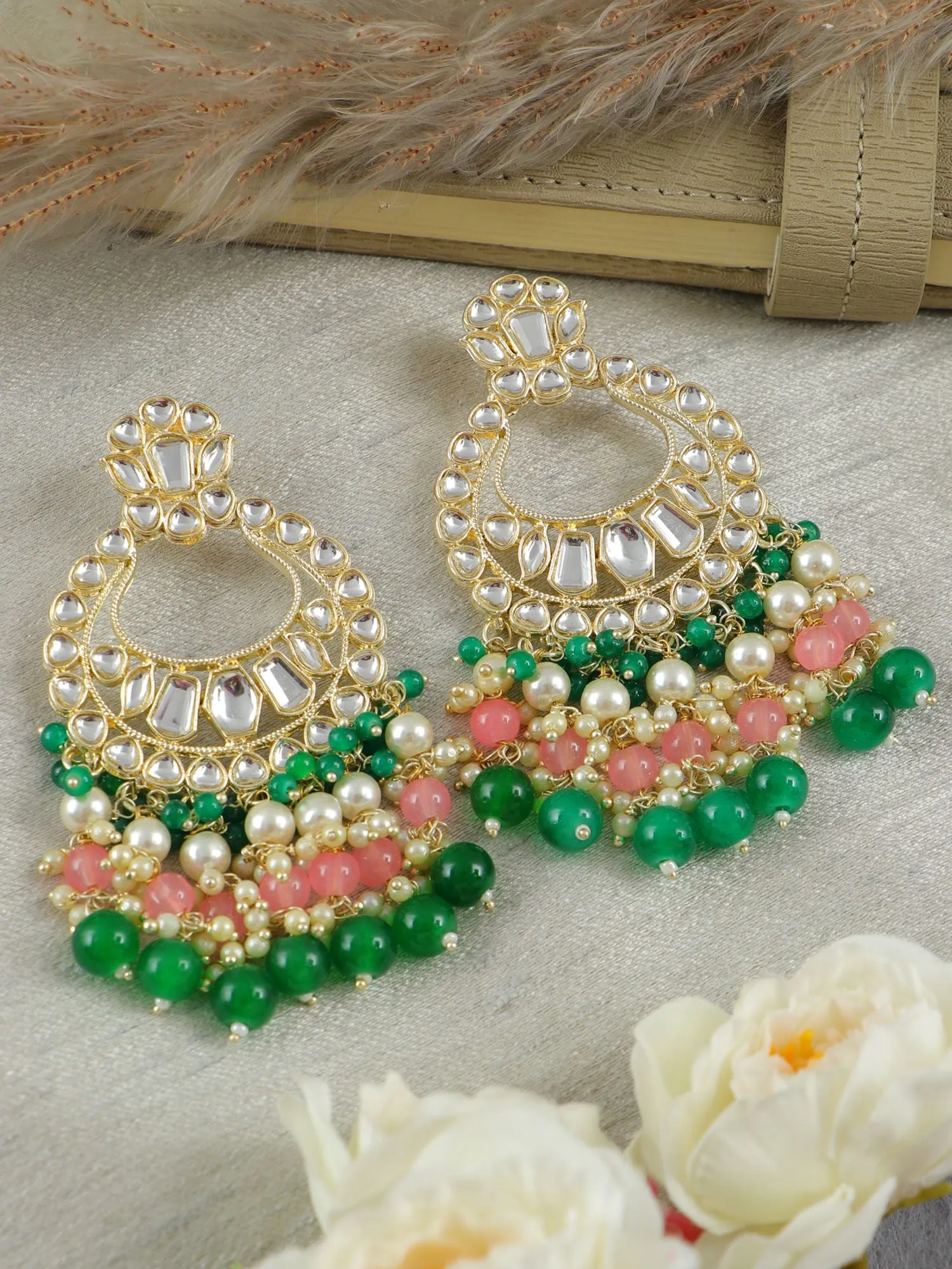 Kundan Green Pink Pearls Danglers Earrings for Women