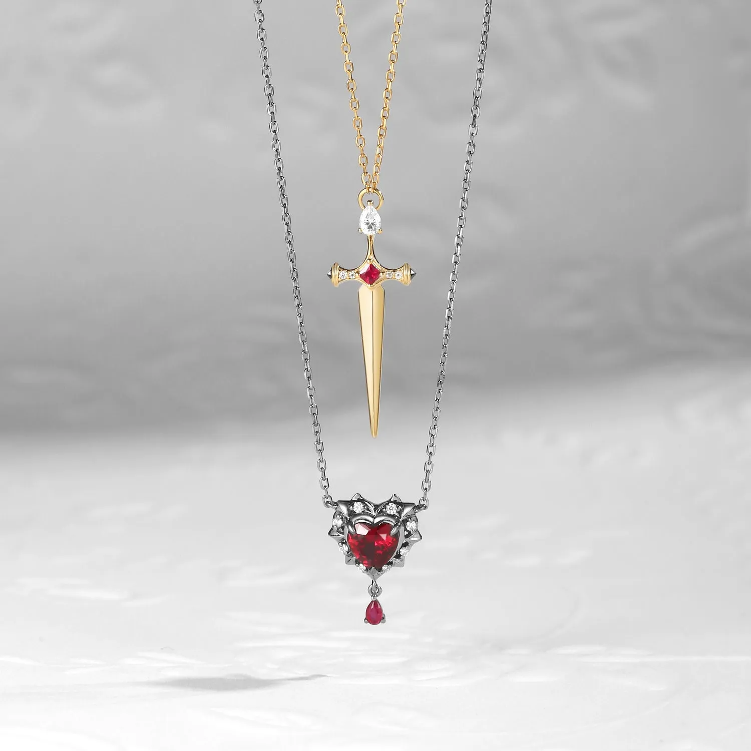 Lab Ruby Heart Cut Couple Necklaces Set 2pcs - Cupid's Arrow