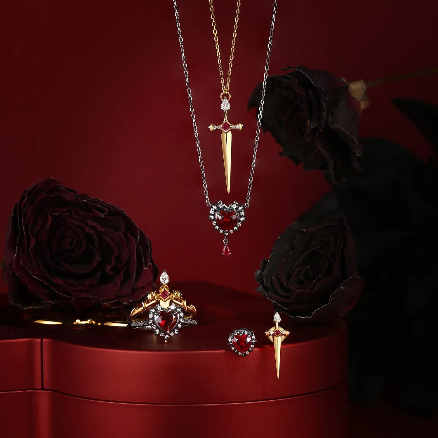 Lab Ruby Heart Cut Couple Necklaces Set 2pcs - Cupid's Arrow