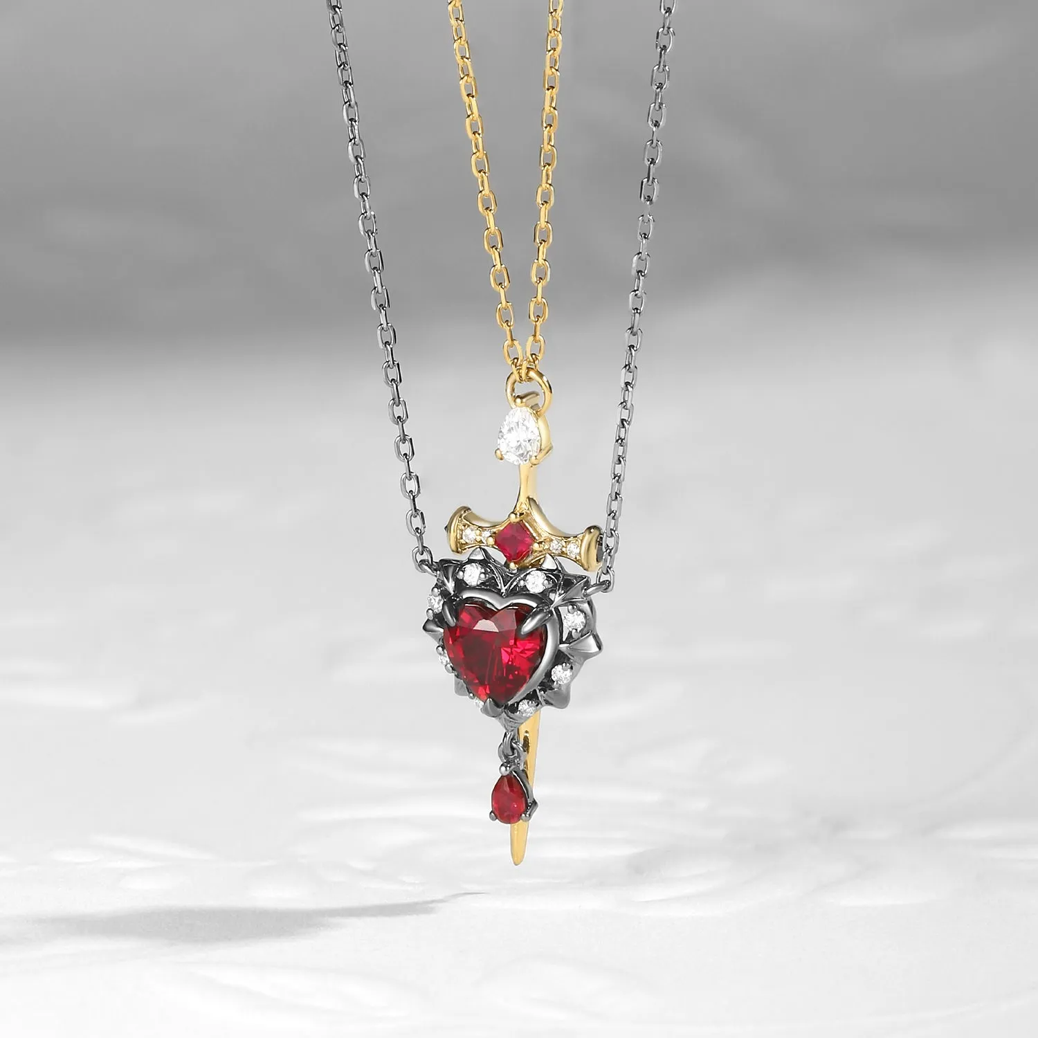 Lab Ruby Heart Cut Couple Necklaces Set 2pcs - Cupid's Arrow