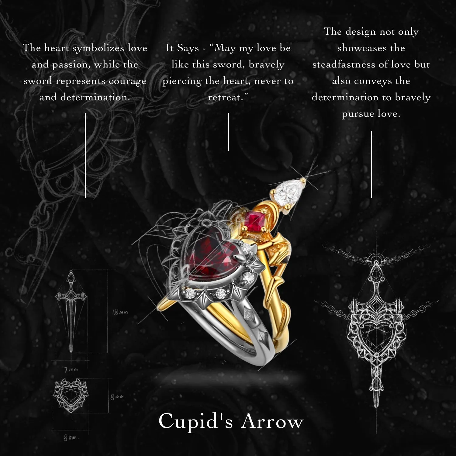 Lab Ruby Heart Cut Couple Necklaces Set 2pcs - Cupid's Arrow