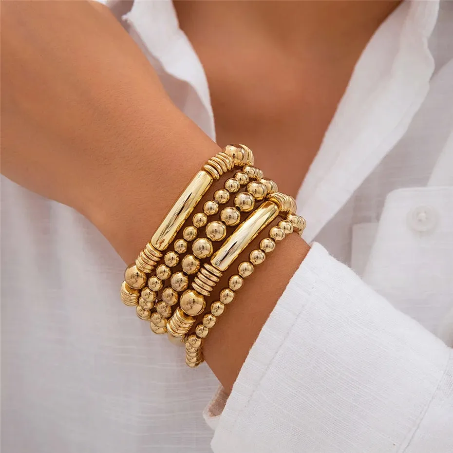 Ladies Gold Plated Chunky Round Beads 5 Set Stackable Bracelets