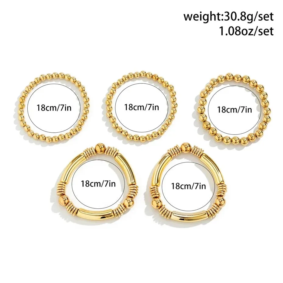 Ladies Gold Plated Chunky Round Beads 5 Set Stackable Bracelets
