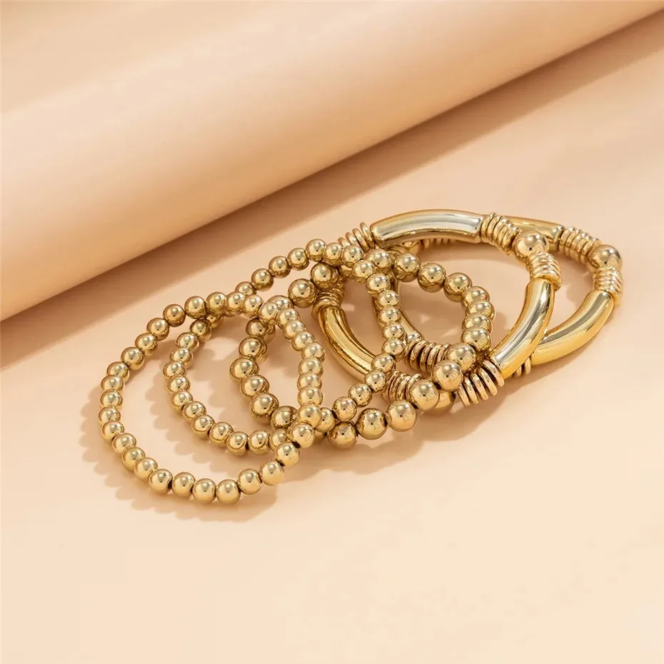 Ladies Gold Plated Chunky Round Beads 5 Set Stackable Bracelets