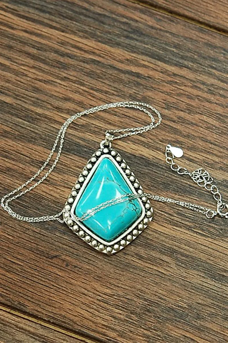 Large Diamond Shape Studded Turquoise Pendant Necklace