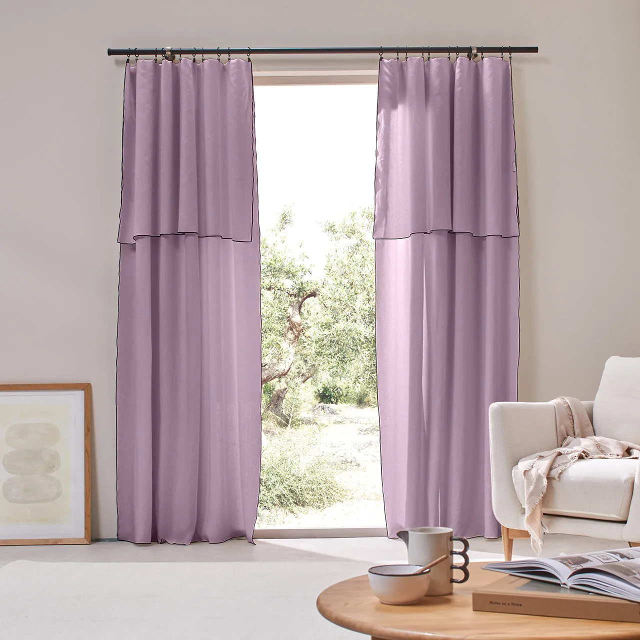 Linen Curtain panel with bourdon edge - Lilac