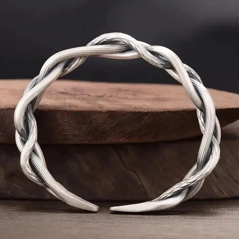 LOVCIA Sterling Silver Three-Strand Twisted Open Cuff Bracelet for Women - Adjustable Vintage Bangle
