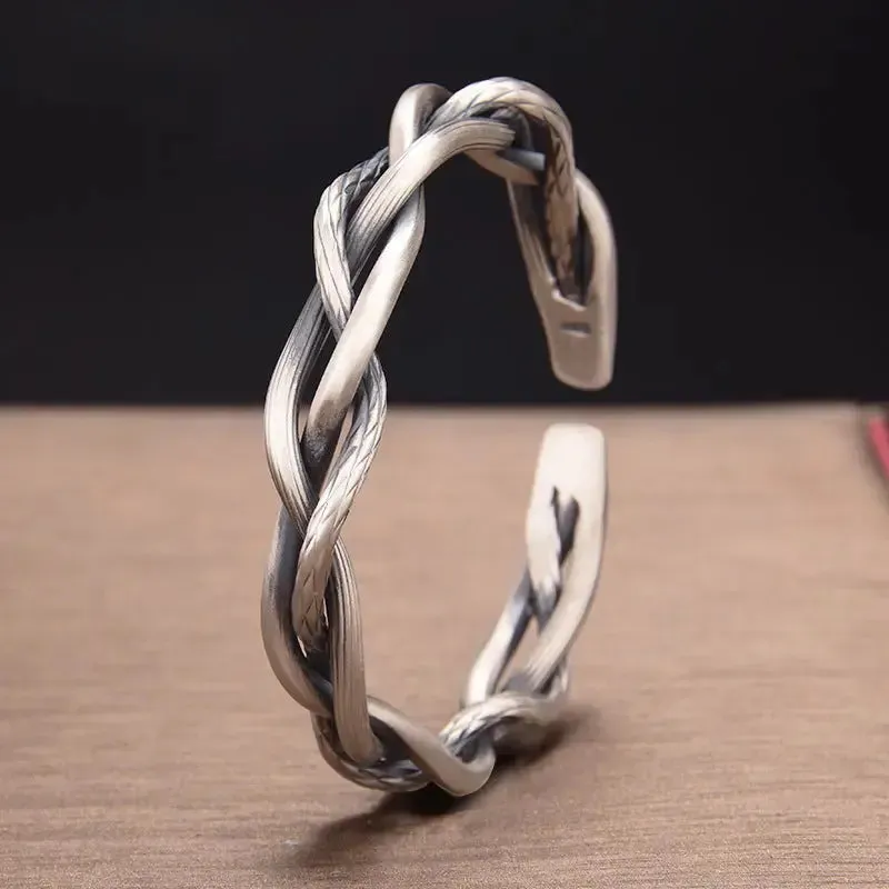 LOVCIA Sterling Silver Three-Strand Twisted Open Cuff Bracelet for Women - Adjustable Vintage Bangle