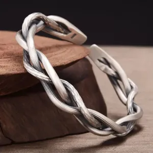 LOVCIA Sterling Silver Three-Strand Twisted Open Cuff Bracelet for Women - Adjustable Vintage Bangle
